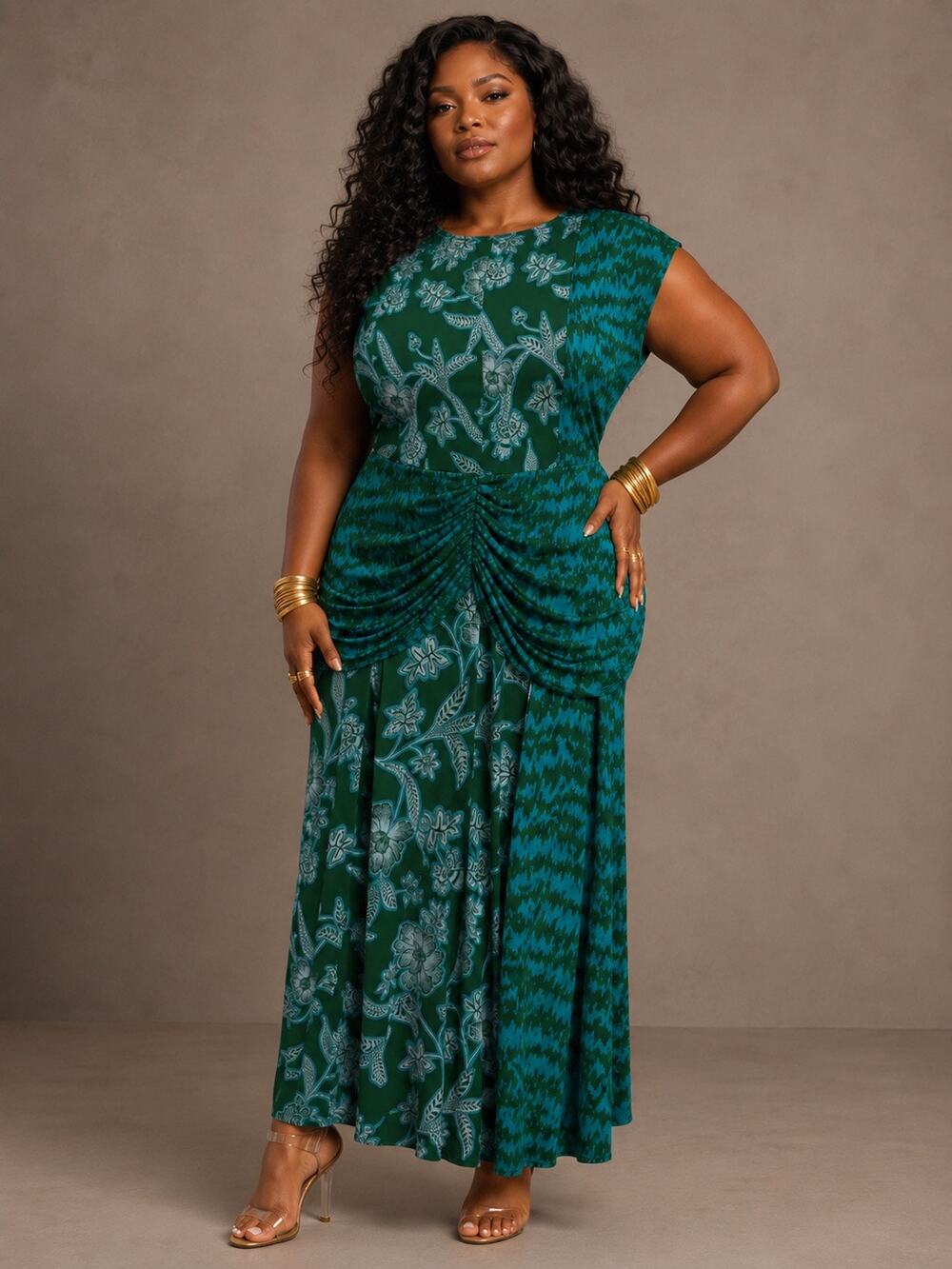 ✨ Beautiful IMAN Plus Size Teal Floral & Chevron Ruched Maxi Dress ✨